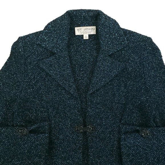 St John Collection Marie Gray Speckled Blazer Jacket Clasp Hook Black Blue Sz 4